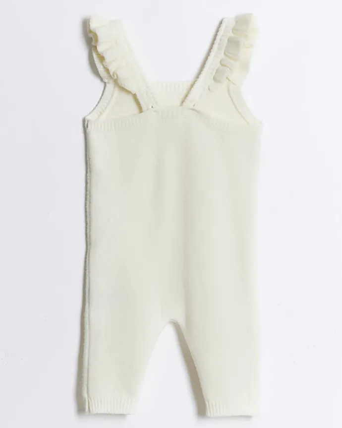 Baby girls cream knitted floral dungarees