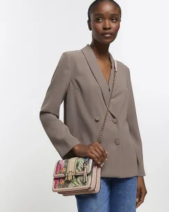 Beige floral monogram satchel bag