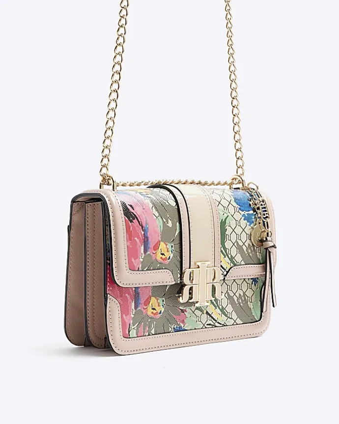 Beige floral monogram satchel bag