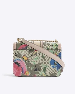 Beige floral monogram satchel bag