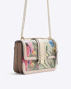 Beige floral monogram satchel bag