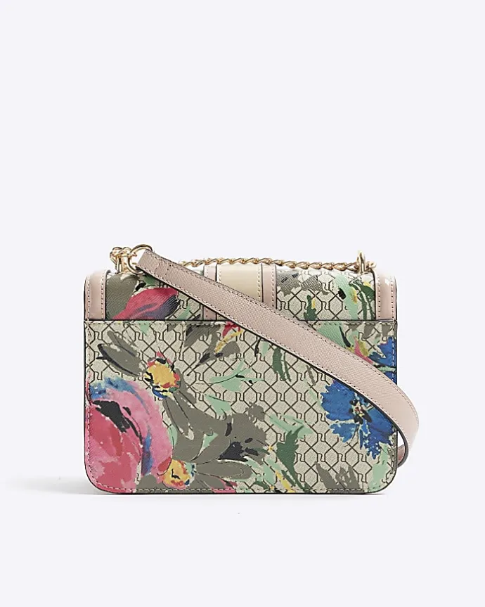 Beige floral monogram satchel bag
