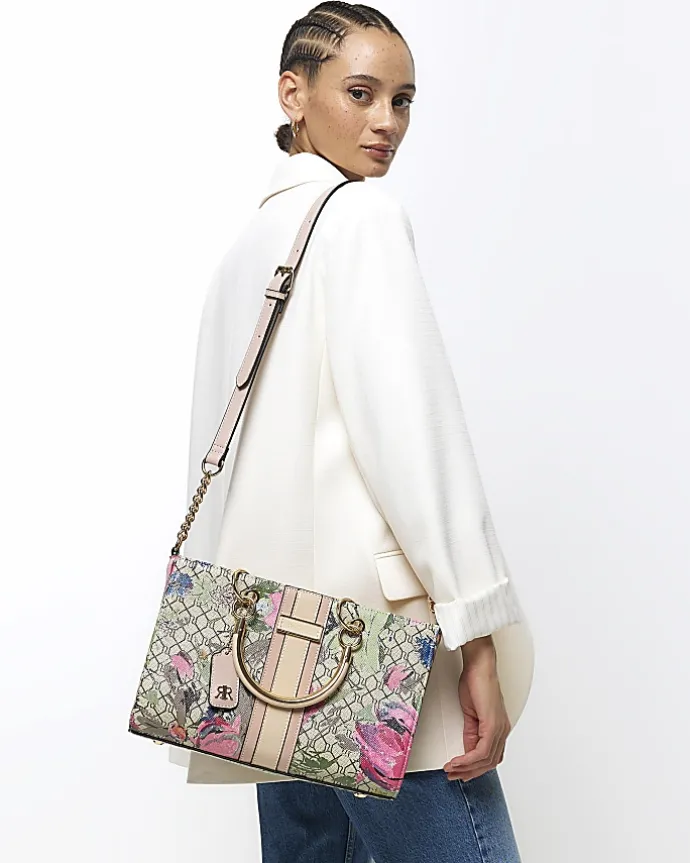 Beige floral tote bag