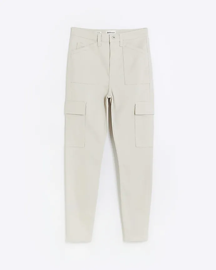 Beige high waisted skinny cargo jeans