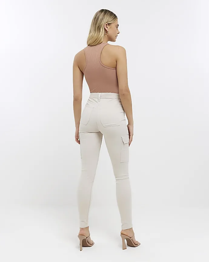 Beige high waisted skinny cargo jeans