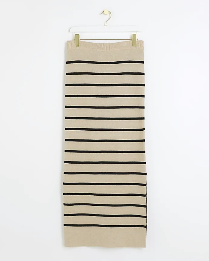 Beige knit stripe maxi skirt