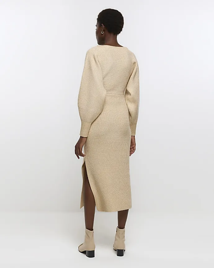 Beige knit wrap jumper midi dress