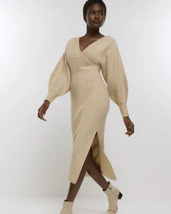 Beige knit wrap jumper midi dress