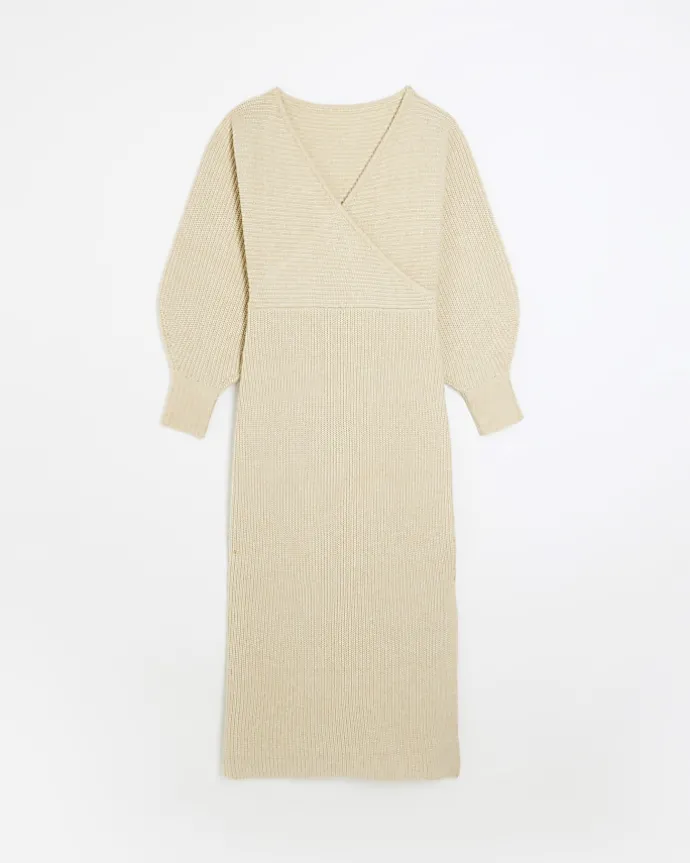 Beige knit wrap jumper midi dress