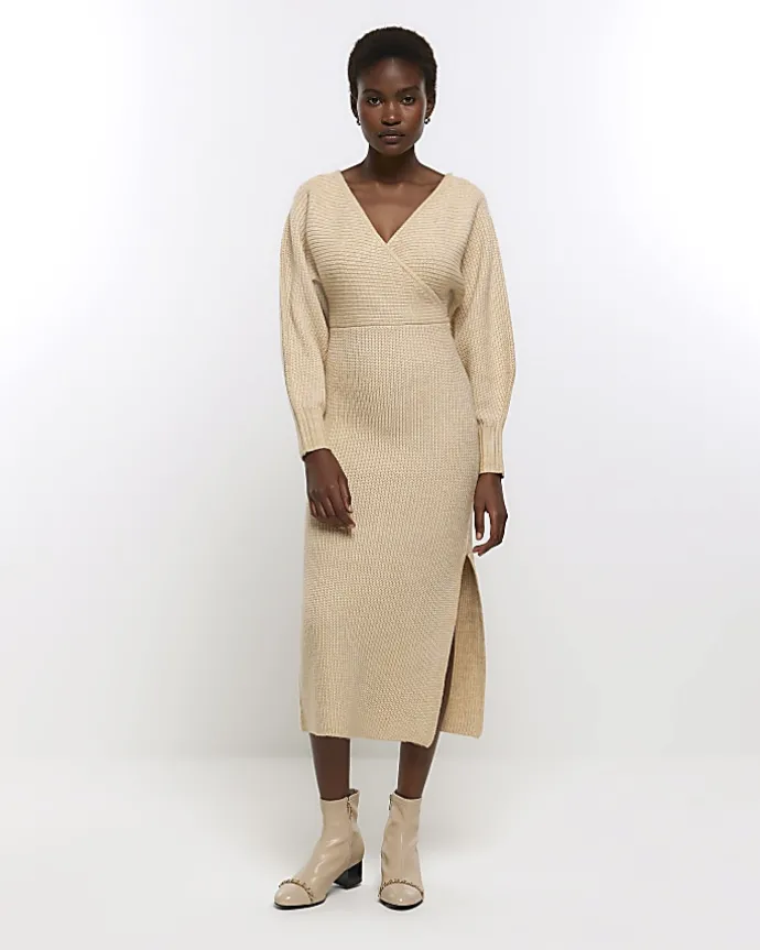 Beige knit wrap jumper midi dress