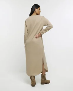 Beige knot long sleeve t-shirt midi dress