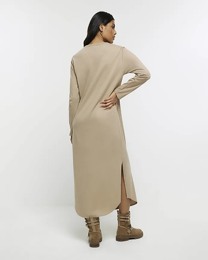 Beige knot long sleeve t-shirt midi dress