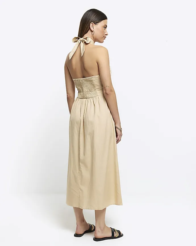 Beige linen halter neck midi dress