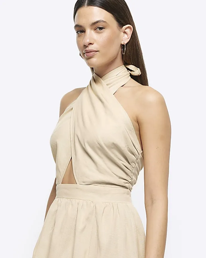 Beige linen halter neck midi dress
