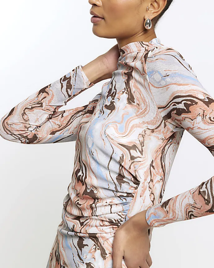 Beige mesh marble bodycon midi dress