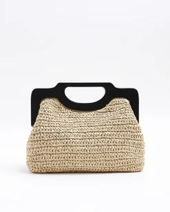 Beige raffia clutch bag