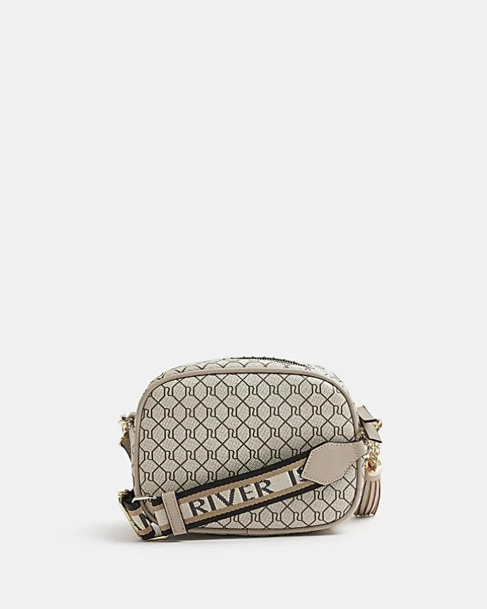 Beige RI monogram print cross body bag