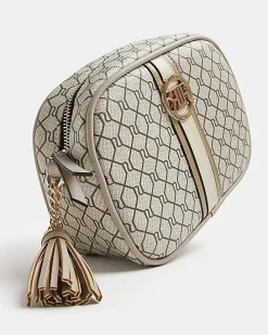 Beige RI monogram print cross body bag