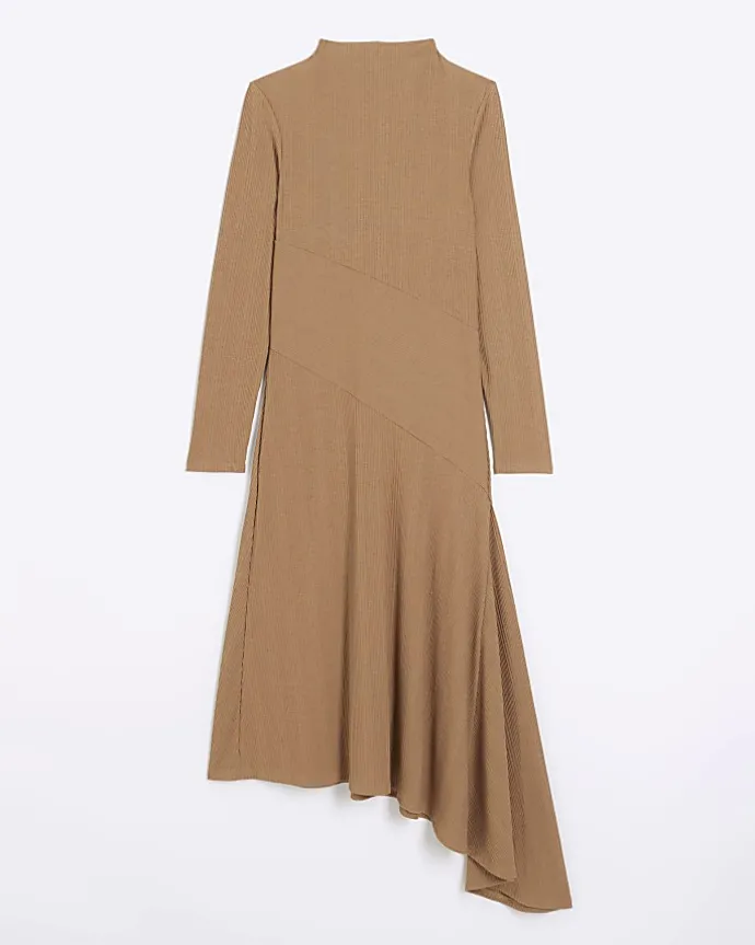 Beige rib asymmetric bodycon midi dress
