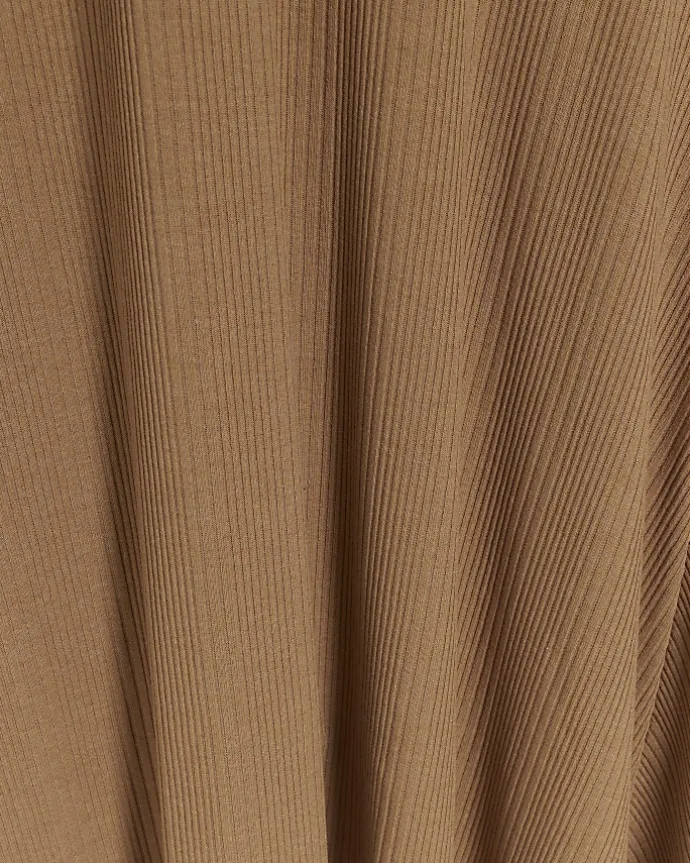 Beige rib asymmetric bodycon midi dress