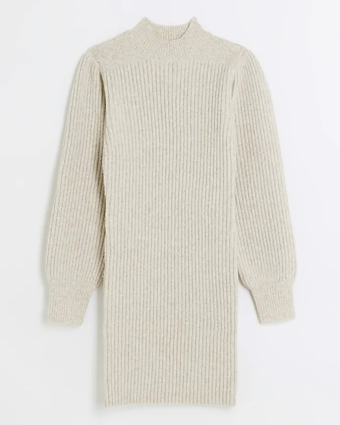 Beige rib puff sleeve jumper mini dress