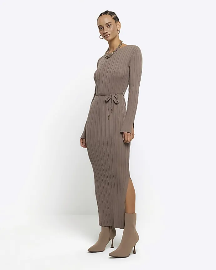 Beige rib tie waist jumper maxi dress