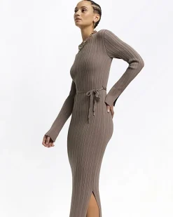 Beige rib tie waist jumper maxi dress