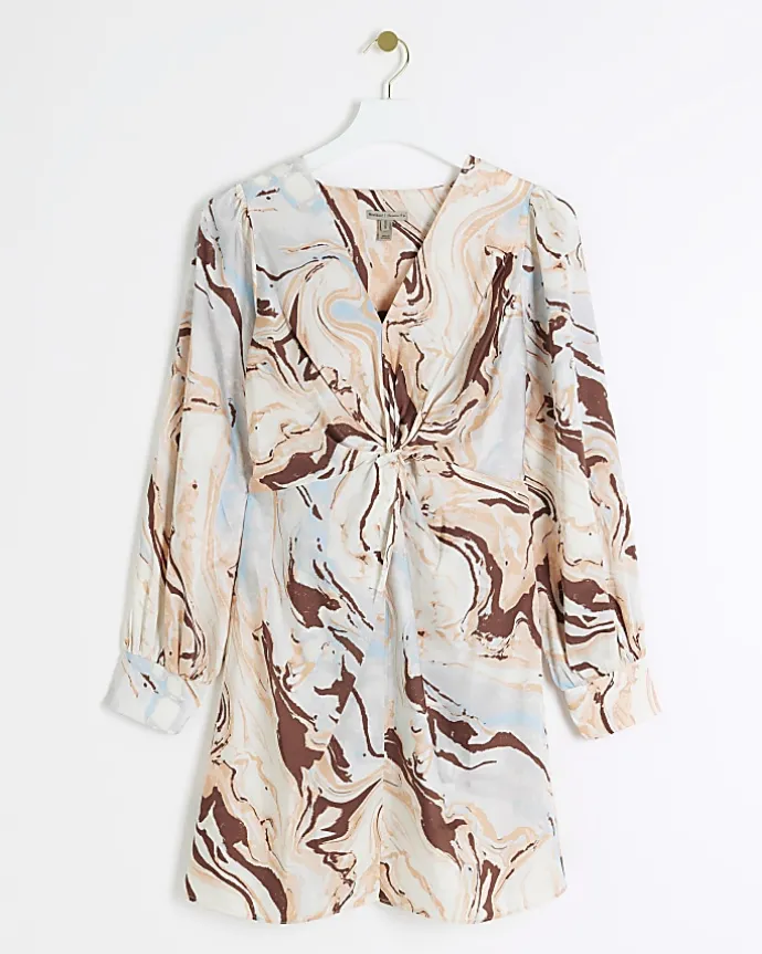 Beige Satin Marble print Shift Mini Dress