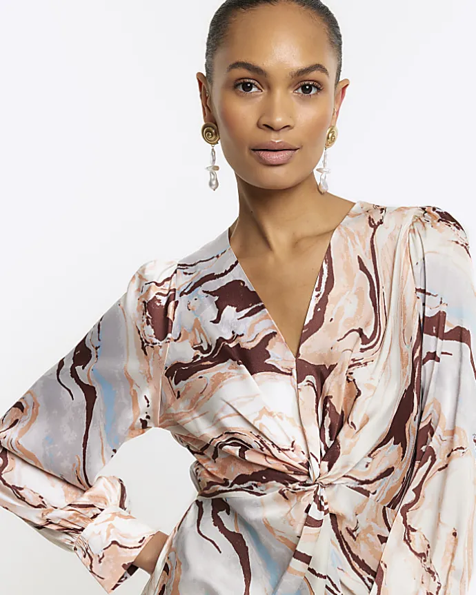 Beige Satin Marble print Shift Mini Dress