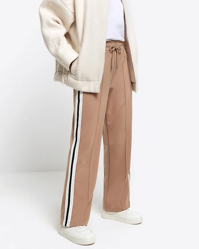 Beige side stripe wide leg joggers