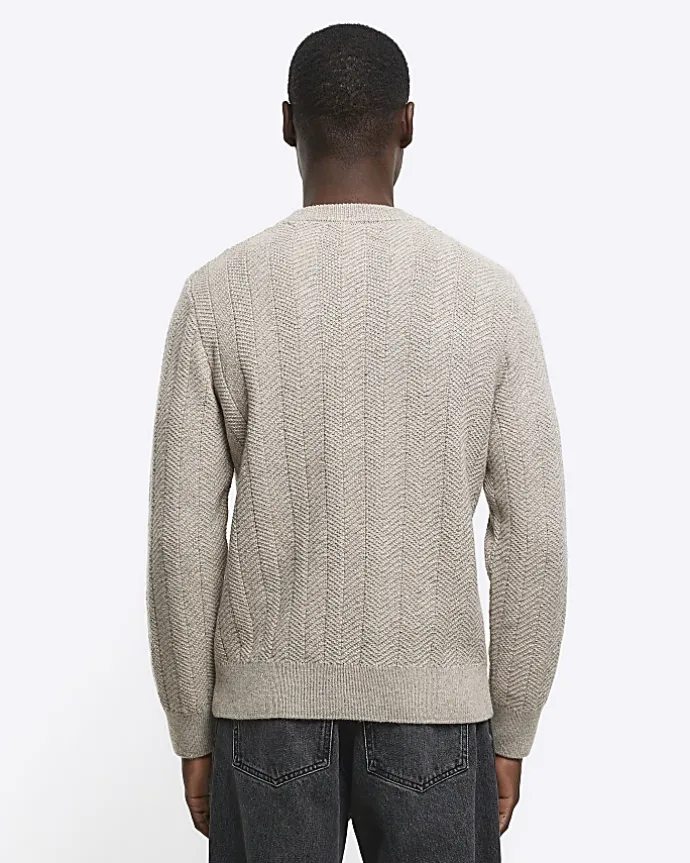 Beige slim fit wool blend crew jumper