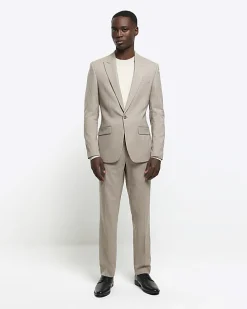 Beige slim fit wool blend suit jacket
