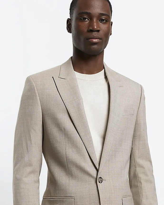 Beige slim fit wool blend suit jacket