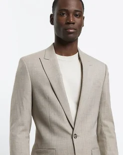 Beige slim fit wool blend suit jacket