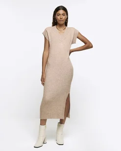 Beige split hem jumper midi dress