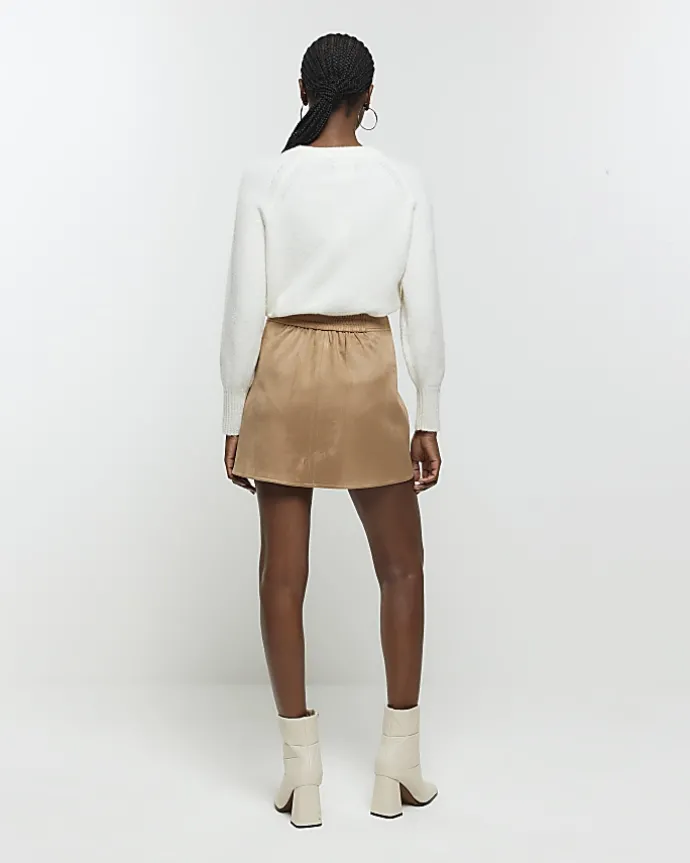Beige suedette elasticated mini skirt