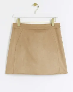 Beige suedette elasticated mini skirt