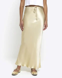 Beige tie waist midi skirt