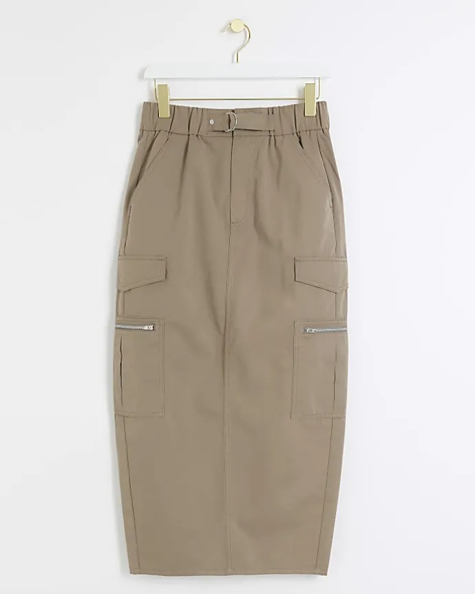 Beige zip pencil midi skirt