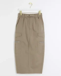 Beige zip pencil midi skirt