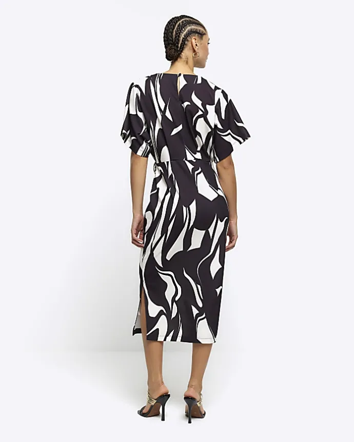 Black abstract wrap bodycon midi dress