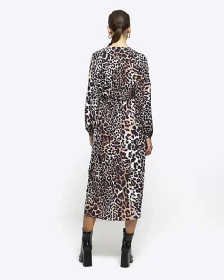 Black animal print knot swing midi dress