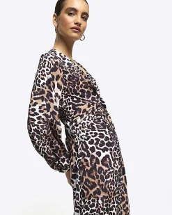 Black animal print knot swing midi dress