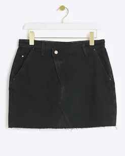 Black asymmetric waist denim mini skirt