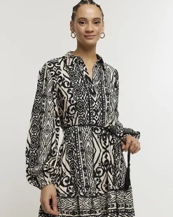 Black Aztec belted mini shirt dress