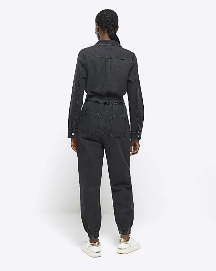 Black belted denim jumpsuit