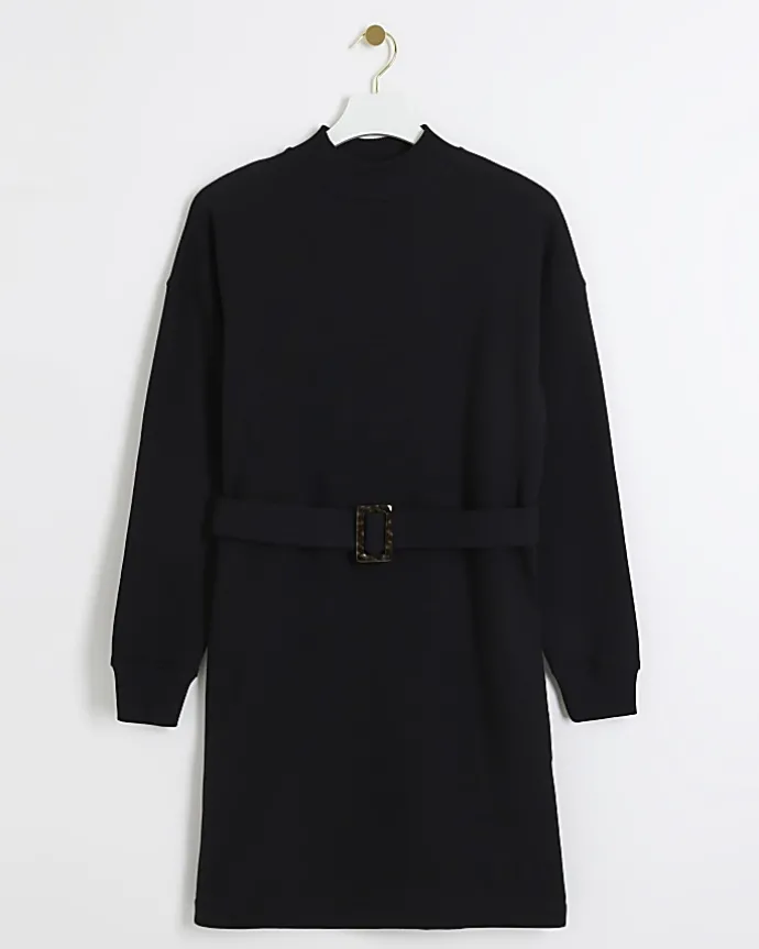 Black Belted Sweatshirt Mini Dress