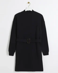 Black Belted Sweatshirt Mini Dress
