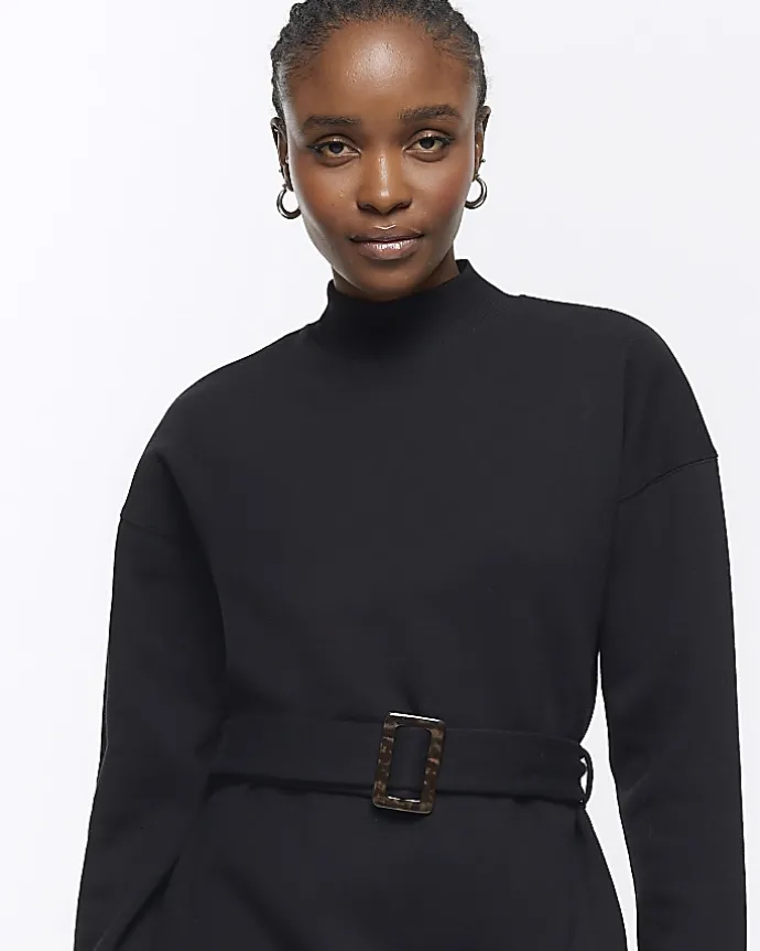 Black Belted Sweatshirt Mini Dress