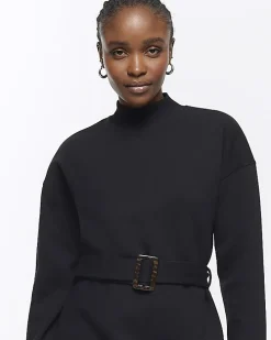 Black Belted Sweatshirt Mini Dress